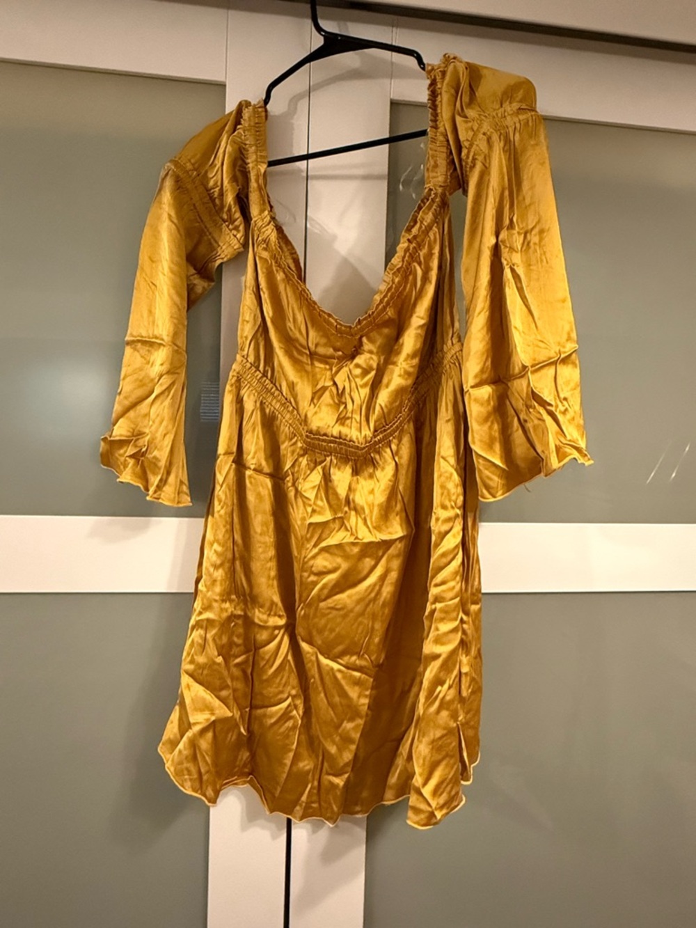 Shore Resort Wear Golden Yellow Satin Off Shoulder Mini Dress